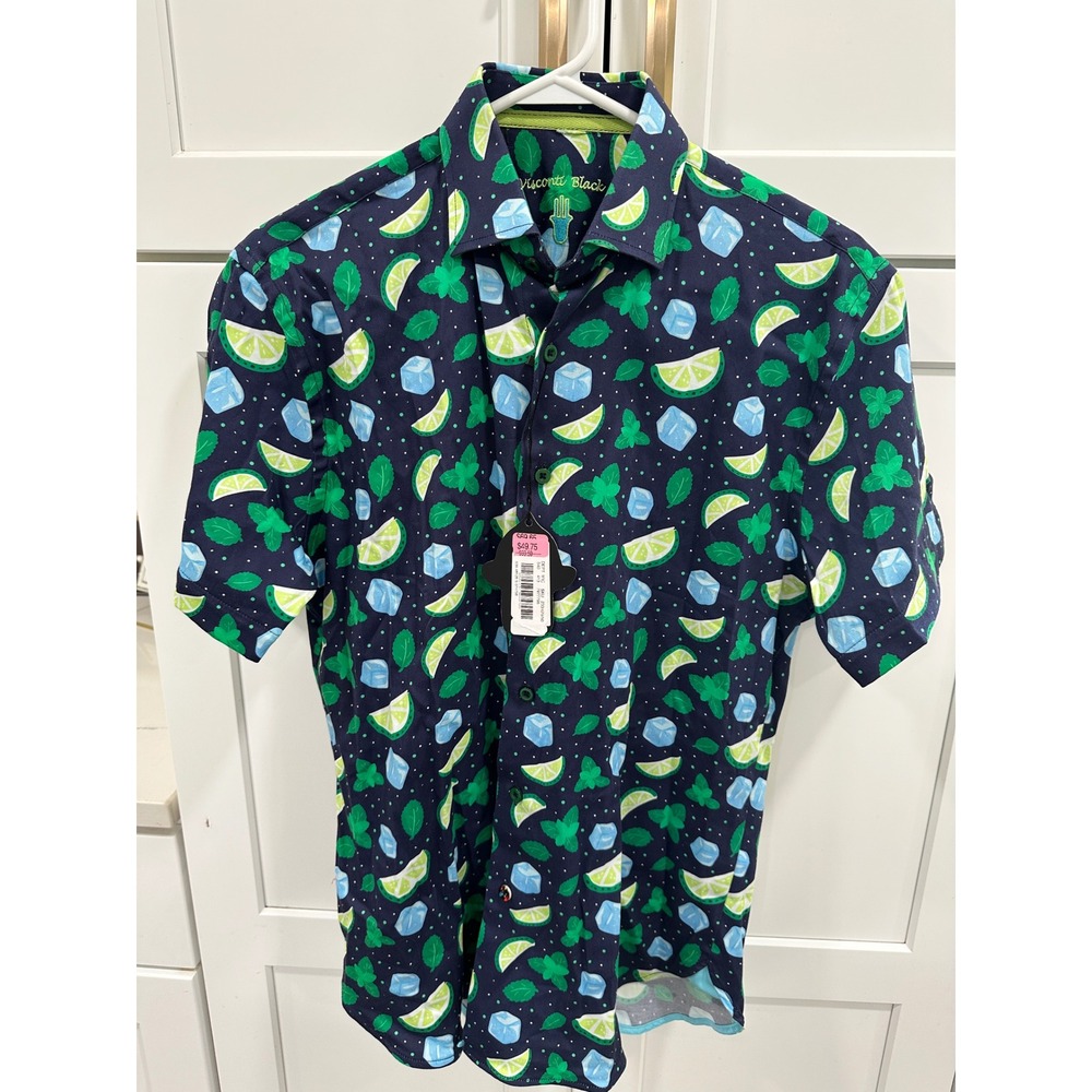 Luchiano Visconti Black Mens Mojito Lime Mint Print Short Sleeve Shirt Small NWT